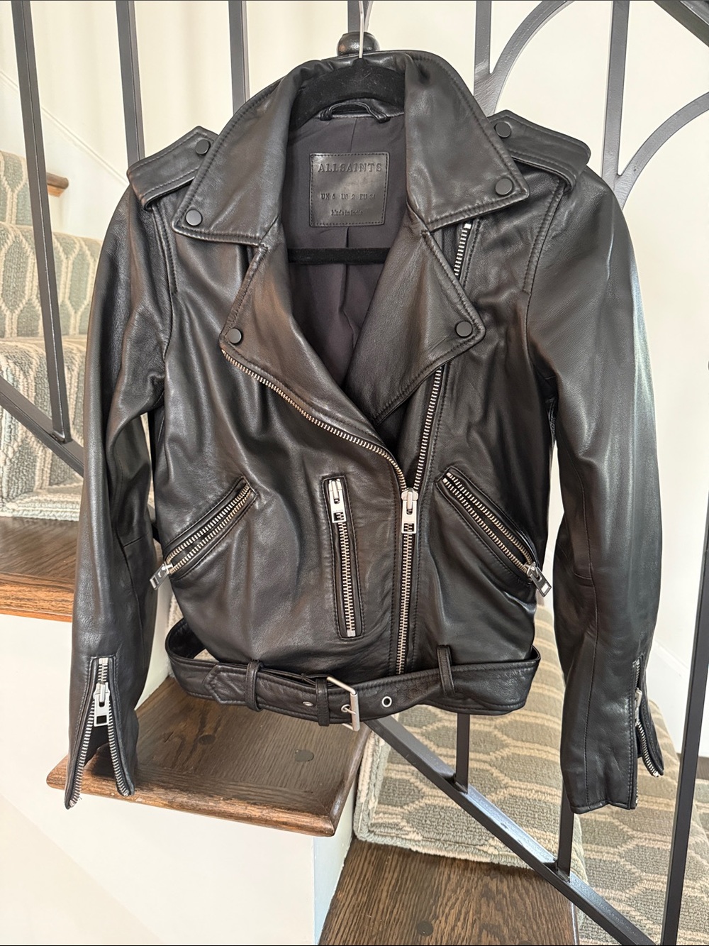 All Saints Black Leather Moto Jacket with Belted Waist